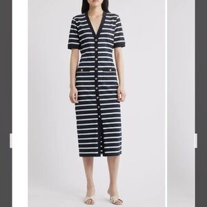Frame The Striped Sailor Organic Cotton Midi Dress in Navy Multi Size M